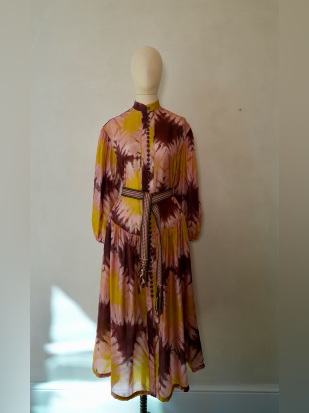 Tie-Dye Long Sleeve Maxi Dress in Pink, Yellow & Burgundy